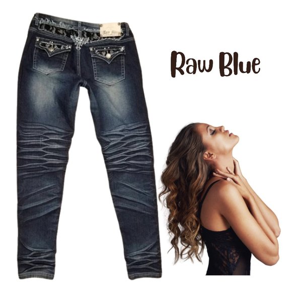Raw Blue Denim - RAW BLUE Low Rise Distressed Denim Black Lace Skinny Jeans - Women's 15/16